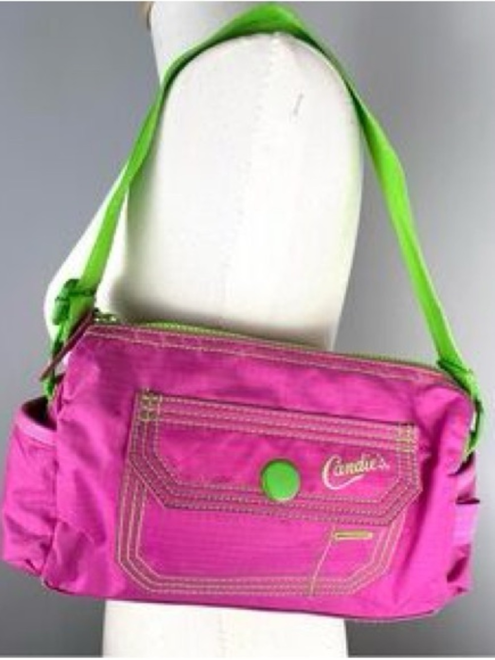 Candie's Vintage Y2K Hot Pink Neon Green Nylon Shoulder Bag - Picture 2 of 5